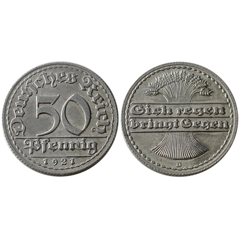 Молета 50 пфеннігів 1921 «Д» Німеччина Веймарська республіка.