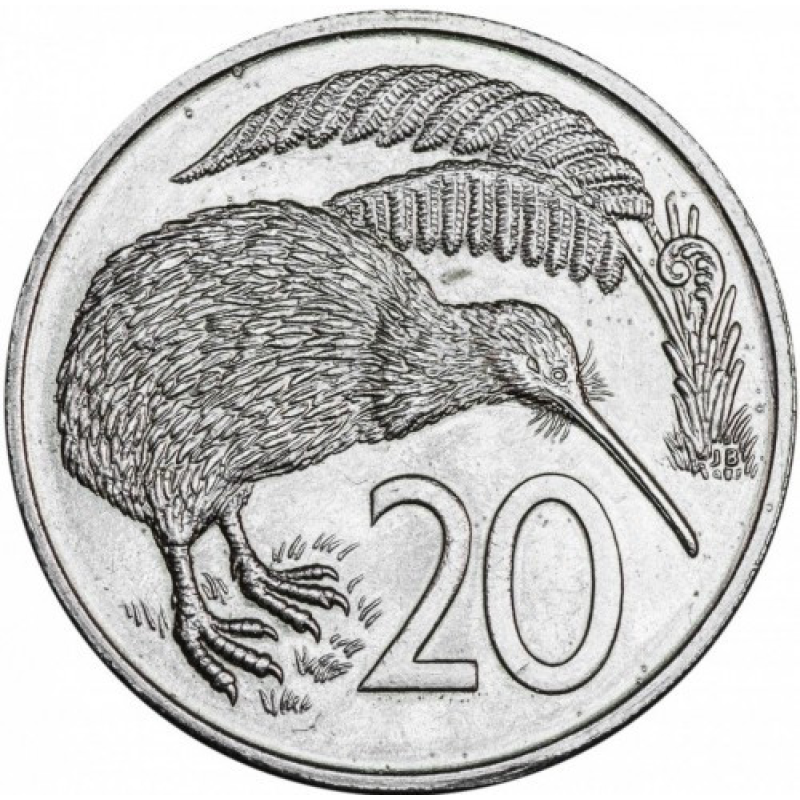 Монета новая Зеландия 20 центов (cents) 1987-1989 Королева средних лет