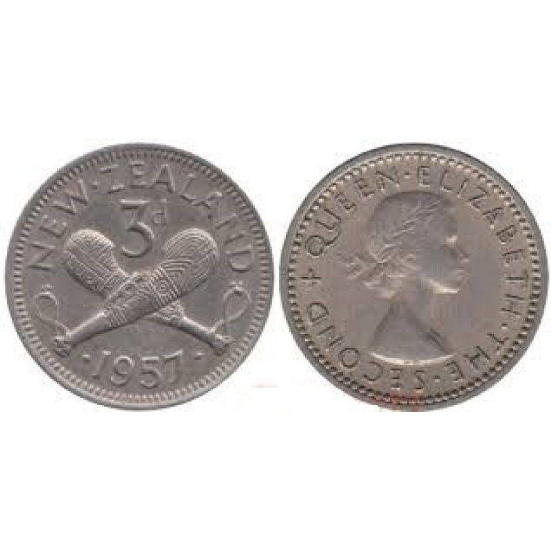 Новая Зеландия. 3 пенса 1953-65 год. Скрещенные вахаики Новая Зеландия. 3 пенса 1953-65 год. Скрещенные вахаики