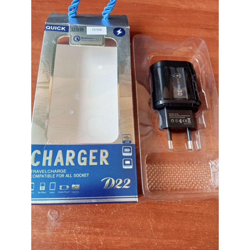 Мережевий зарядний пристрій на 2 гнізда USB, QuickCharge 3.0, 5V~3.5A(max), чорний