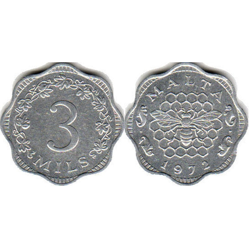 3 милиці 1972 Мальта — рідкісна 3 милиці 1972 Мальта — рідкісна