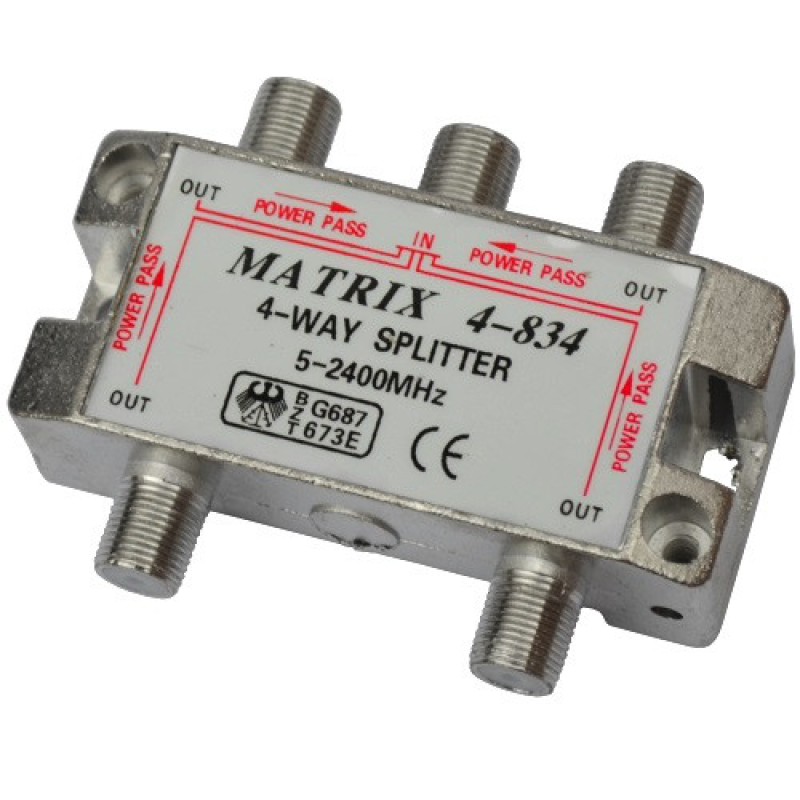 Спліттер (Splitter) ТВ 4-way 5-2400MHZ, з проходом живлення, корпус метал Спліттер (Splitter) ТВ 4-way 5-2400MHZ, з проходом живлення, корпус метал