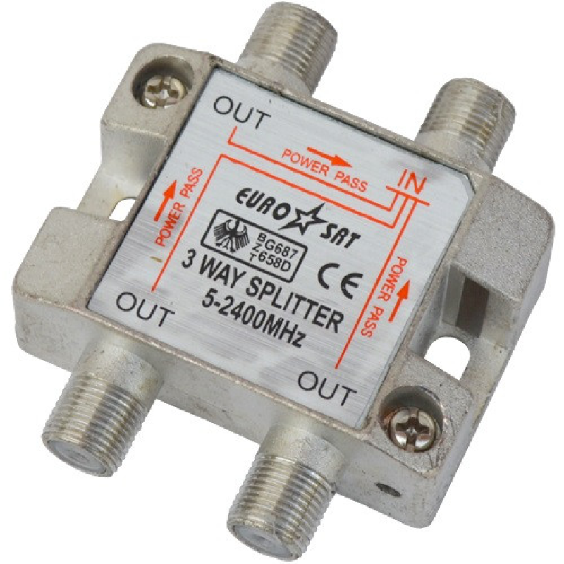 Спліттер (Splitter) ТВ 3-way 5-2400MHZ, з проходом живлення, корпус метал Спліттер (Splitter) ТВ 3-way 5-2400MHZ, з проходом живлення, корпус метал