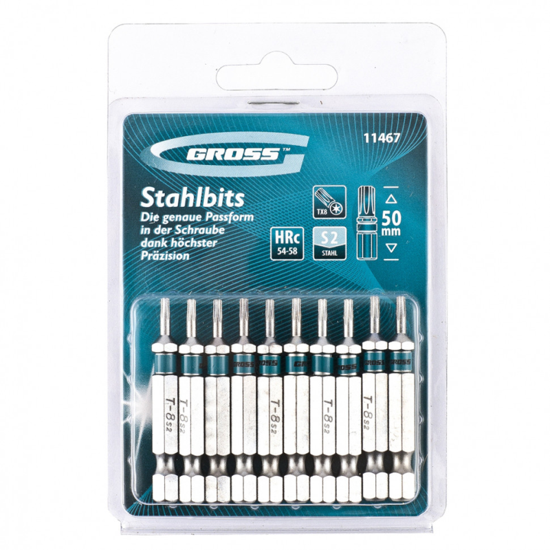 Набір біт TORX 8х50, сталь S2, 10 шт GROSS Набір біт TORX 8х50, сталь S2, 10 шт GROSS