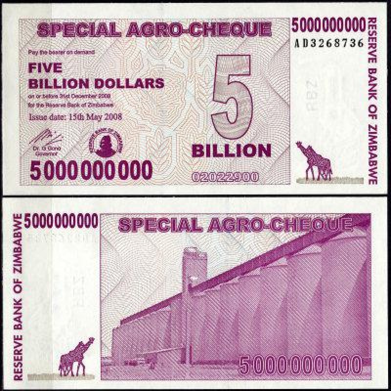 Зімбабве 2008 рік 5000000000 доларів UNC Зімбабве 2008 рік 5000000000 доларів UNC