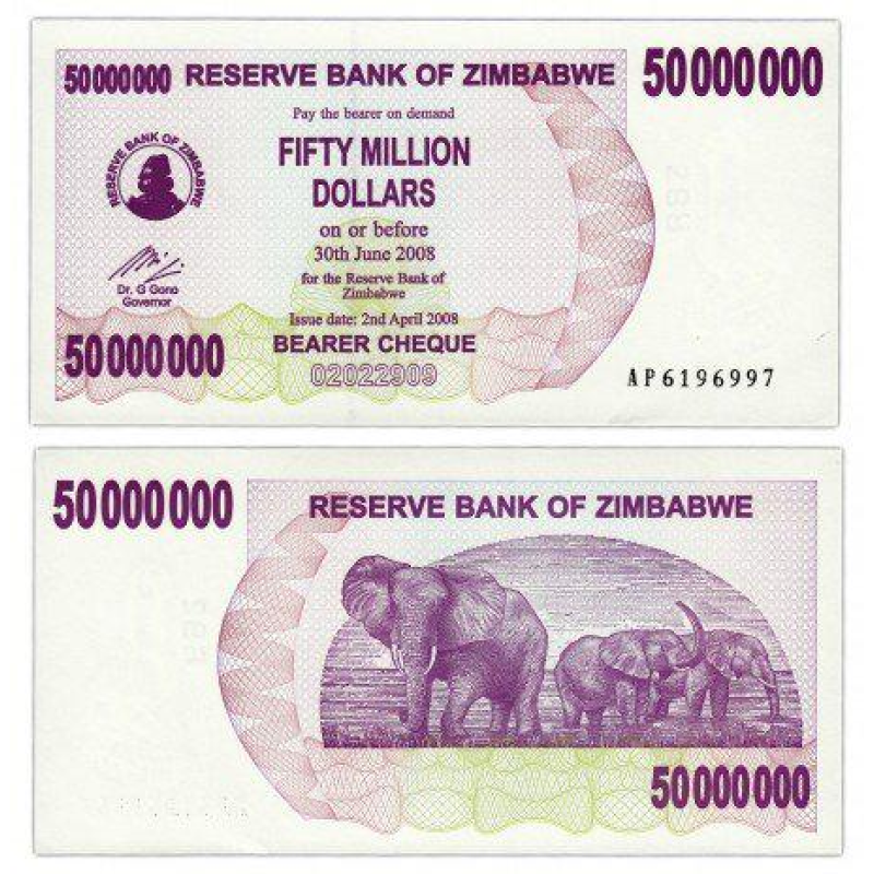 Зімбабве 50000000 Dollars 2008р. UNC Зімбабве 50000000 Dollars 2008р. UNC