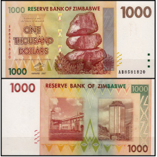 Зімбабве/Zimbabwe 1000 Dollars 2007 Pick 71 UNC