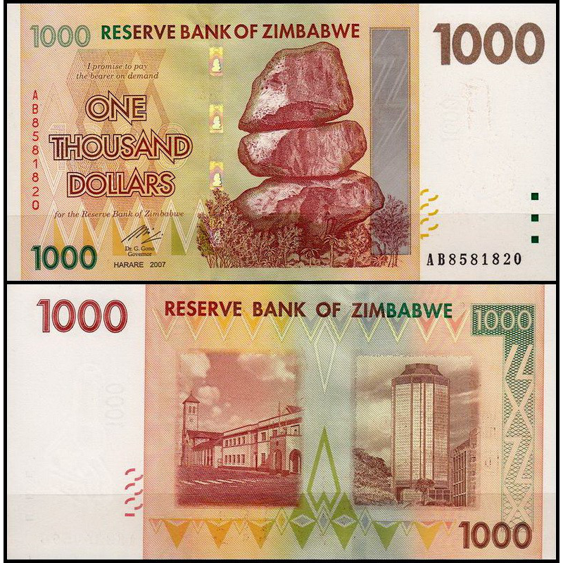 Зімбабве/Zimbabwe 1000 Dollars 2007 Pick 71 UNC Зімбабве/Zimbabwe 1000 Dollars 2007 Pick 71 UNC