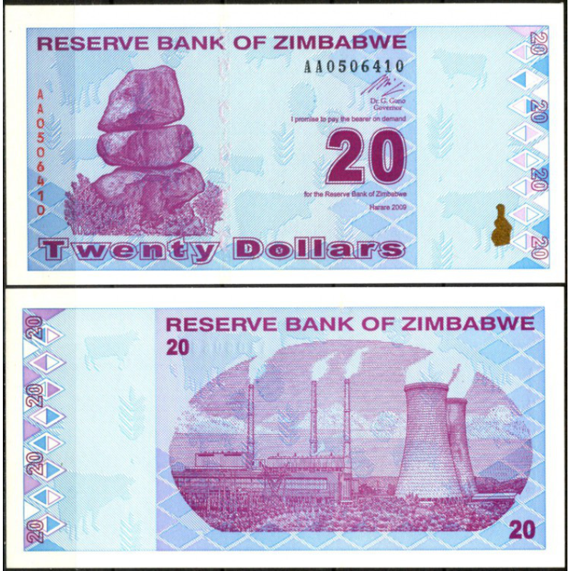 Зімбабве/Zimbabwe 20 Dollars 2009 Pick 95 UNC Зімбабве/Zimbabwe 20 Dollars 2009 Pick 95 UNC