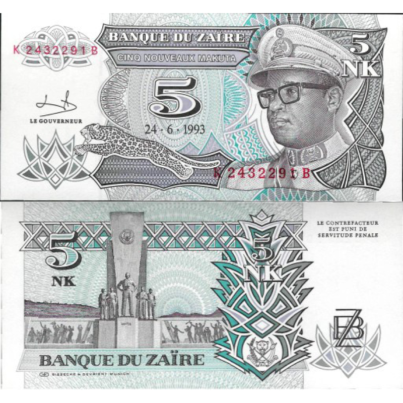 Заїр / Zaїre 5 nouveaux makuta 1993 Pick 48 UNC Заїр / Zaїre 5 nouveaux makuta 1993 Pick 48 UNC