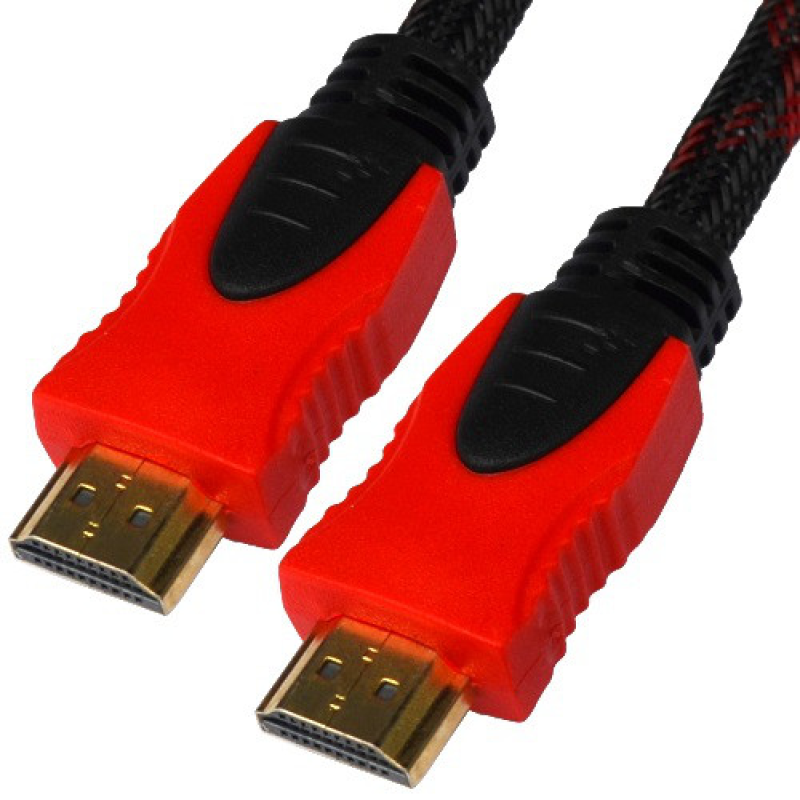 Шнур HDMI (штекер-штекер) v.1.4, “позолочений“, фільтр + сітка, 0,6 м, чорно-червоний