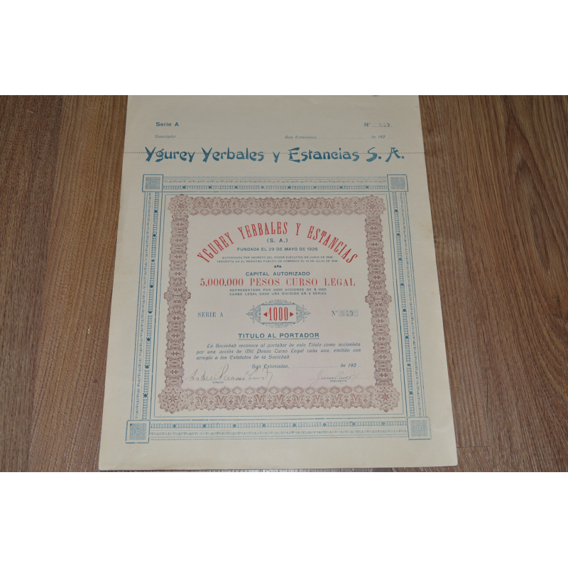Акція. Ygurey Yerbales y Estancias S. A. 1926 рік №849 (28) 38*30 Акція. Ygurey Yerbales y Estancias S. A. 1926 рік №849 (28) 38*30