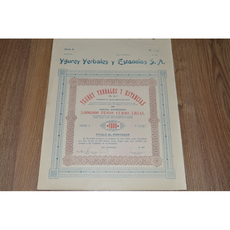 Акція. Ygurey Yerbales y Estancias S. A. 1926 рік №842 (29)38*30