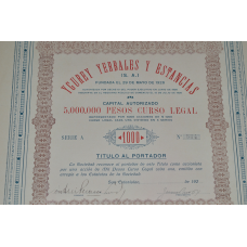 Акція. Ygurey Yerbales y Estancias S. A. 1926 рік №834 (30) 38*30