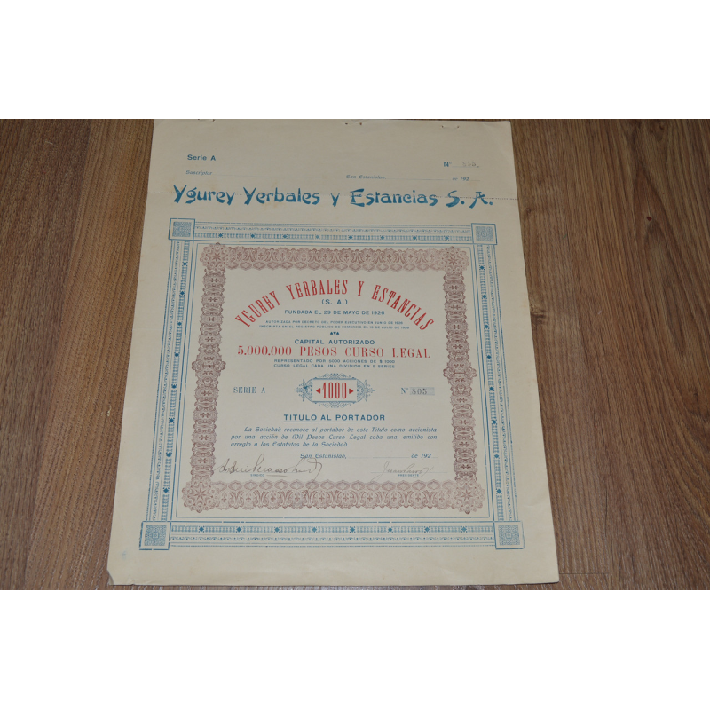 Акція. Ygurey Yerbales y Estancias S. A. 1926 рік №805 (31) 38*30 Акція. Ygurey Yerbales y Estancias S. A. 1926 рік №805 (31) 38*30