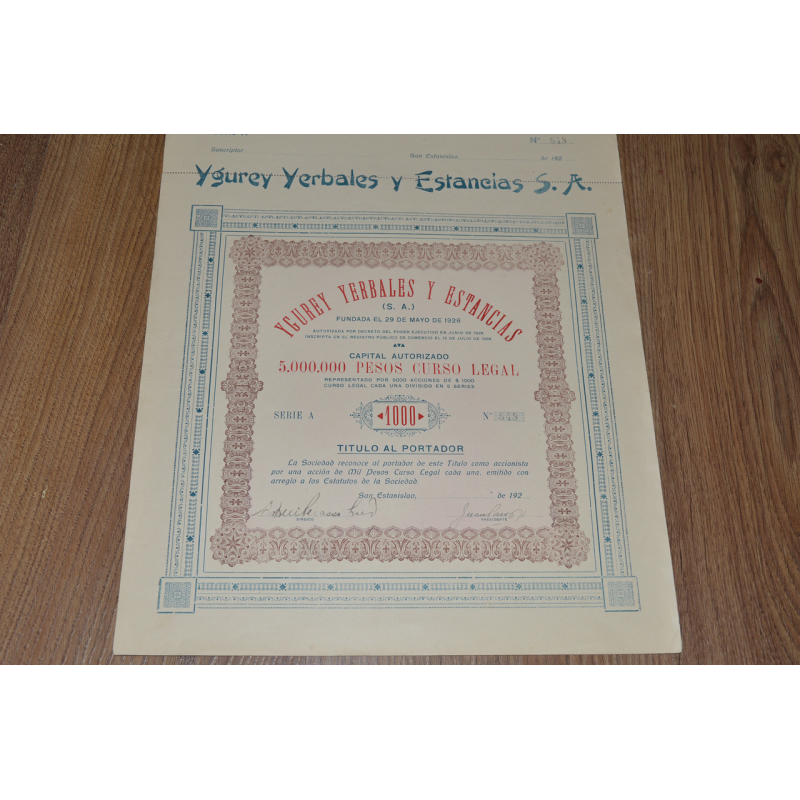 Акція. Ygurey Yerbales y Estancias S. A. 1926 рік №848 (32)38*30