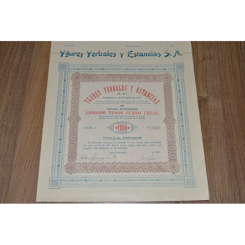 Акція. Ygurey Yerbales y Estancias S. A. 1926 рік №813 (33) 38*30