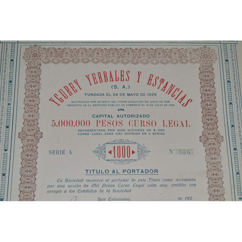 Акція. Ygurey Yerbales y Estancias S. A. 1926 рік №836 (34) 38*30