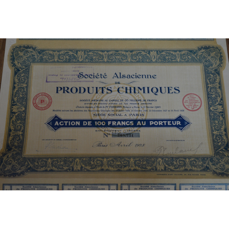 Акція. Societe Alsacienne de PRODUITS CHIMIQUES. 1928 рік №268,731 (50) Акція. Societe Alsacienne de PRODUITS CHIMIQUES. 1928 рік №268,731 (50)