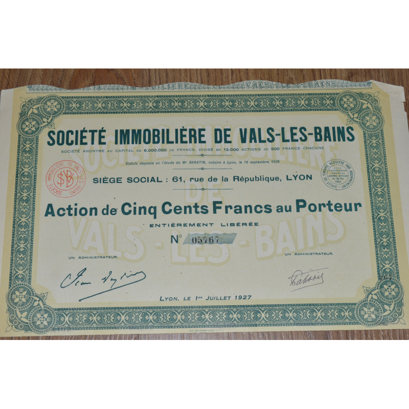 Акція. SOCIETE IMMOBILIERE DE VALS-LES-BAINS . 1926 рік №05767 (53)