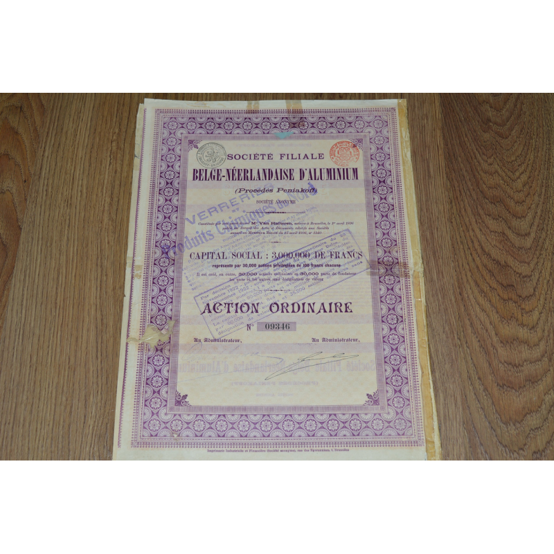 Акція. BELGE-NEERLANDAISE D ALUMINIUM. 1922 рік №09346 (82) Акція. BELGE-NEERLANDAISE D ALUMINIUM. 1922 рік №09346 (82)