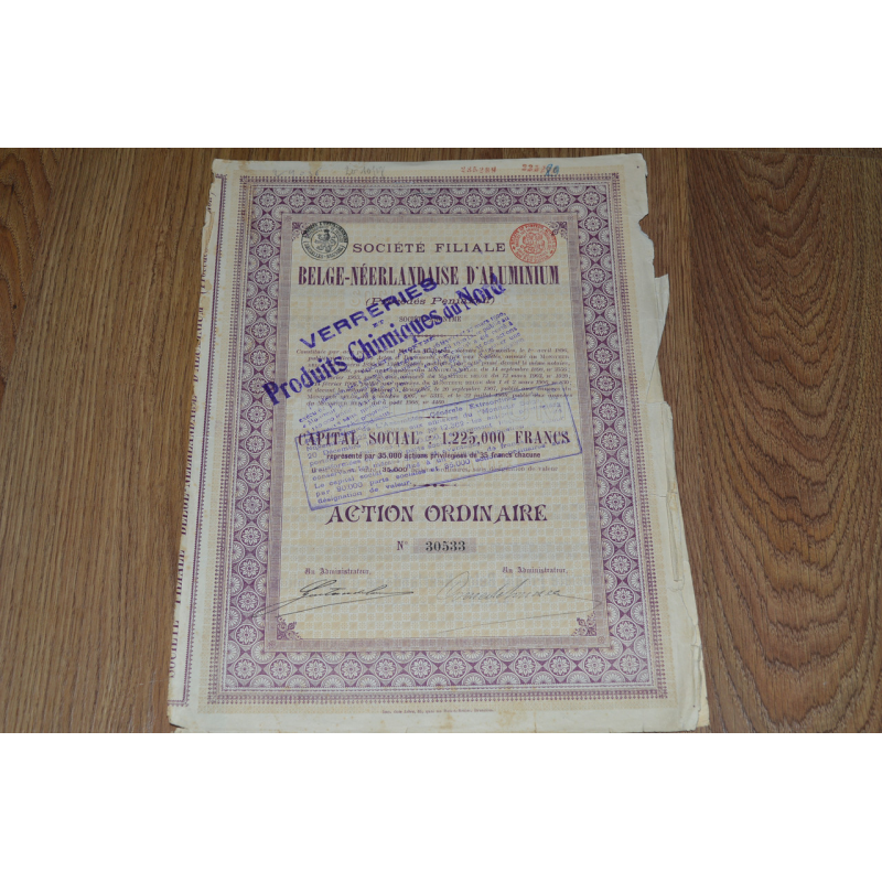 Акція. BELGE-NEERLANDAISE D ALUMINIUM. 1922 рік №30533 (87) Акція. BELGE-NEERLANDAISE D ALUMINIUM. 1922 рік №30533 (87)