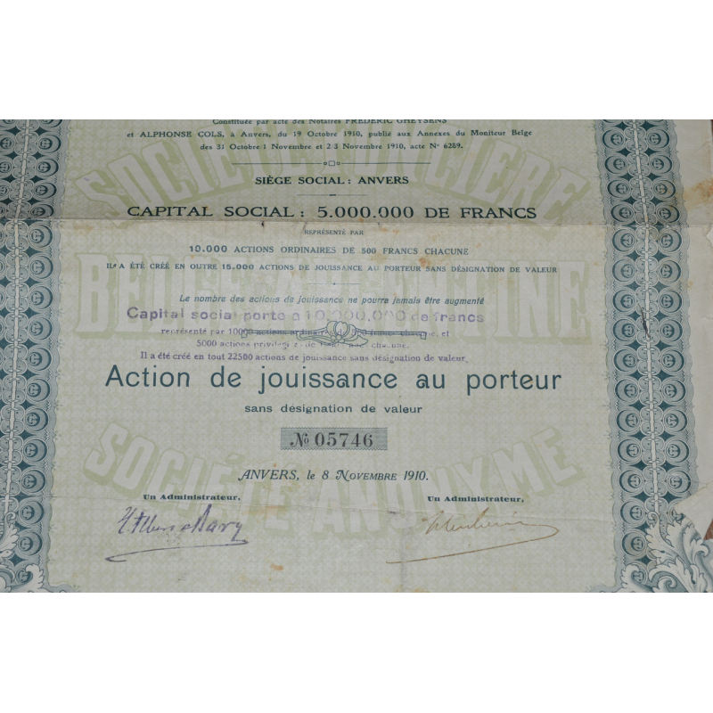Акція. Societe Fonciere Belge - Argentine. 1910 рік №05746 (93)