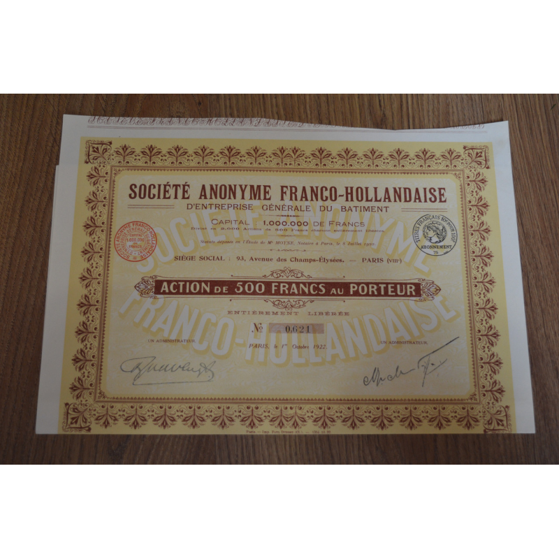 Акція. SOCIETE ANONYME FRANCO-HOLLANDAISE . 1922 рік №0.621 (55) Акція. SOCIETE ANONYME FRANCO-HOLLANDAISE . 1922 рік №0.621 (55)