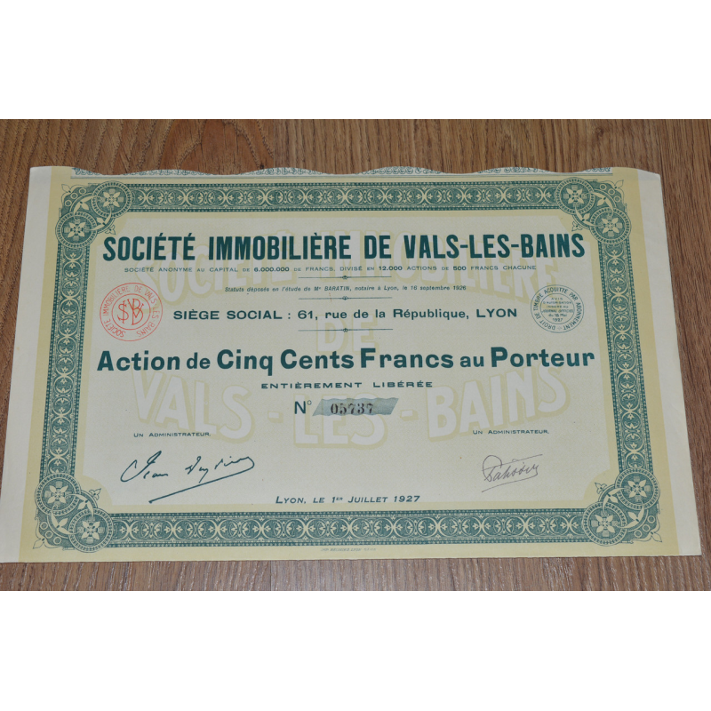 Акція. SOCIETE IMMOBILIERE DE VALS-LES-BAINS . 1926 рік №05737 (54)