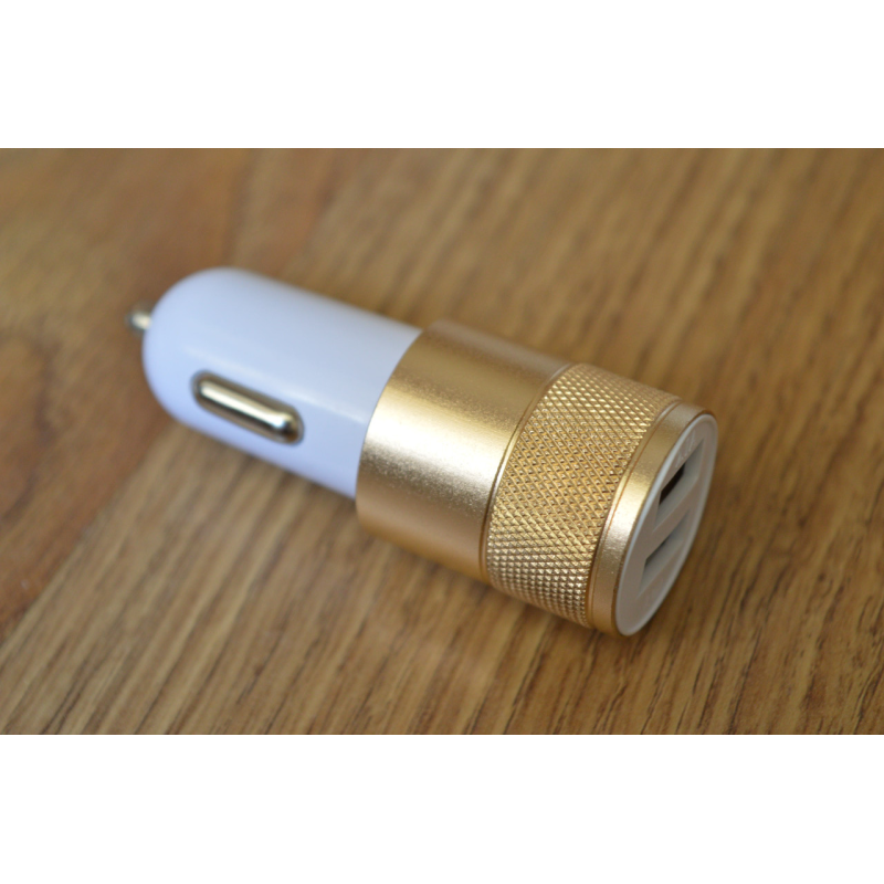 Автомобільна зарядка, 2-а гнізда USB 1A + 2.1 А, корпус металевий, позолочена