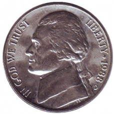Джефферсон. Монтічело. Монета 5 міліграмів. 1974- 2003 рік США. (Д)