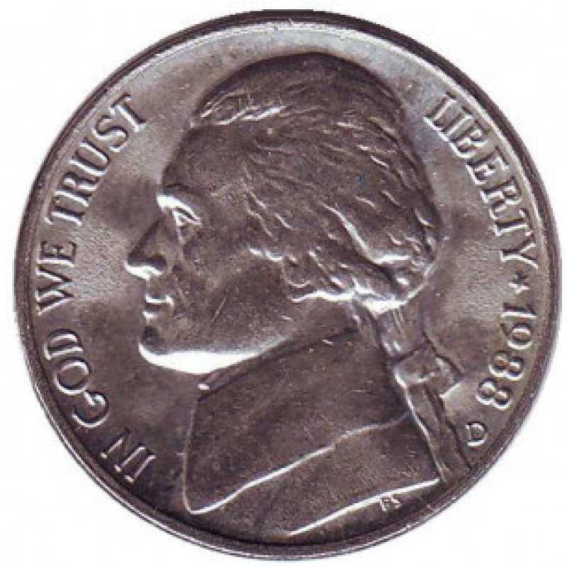 Джефферсон. Монтічело. Монета 5 міліграмів. 1974- 2003 рік США. (Д) Джефферсон. Монтічело. Монета 5 міліграмів. 1974- 2003 рік США. (Д)