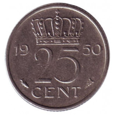Монета 25 центів. 1950 рік, Нідерланди.