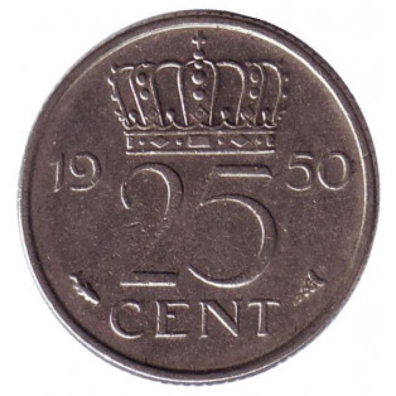 Монета 25 центів. 1950 рік, Нідерланди. Монета 25 центів. 1950 рік, Нідерланди.