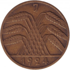 Монета 10 рейхспфеннигов. 1924 (J) рік, Веймарська республіка. (АП)