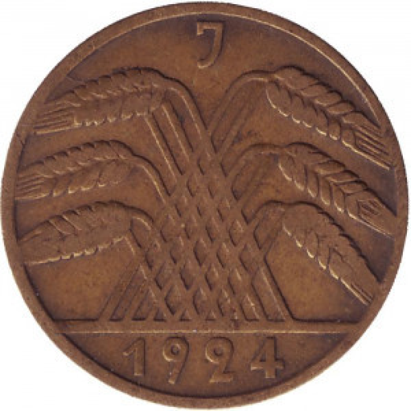 Монета 10 рейхспфеннигов. 1924 (J) рік, Веймарська республіка. (АП)