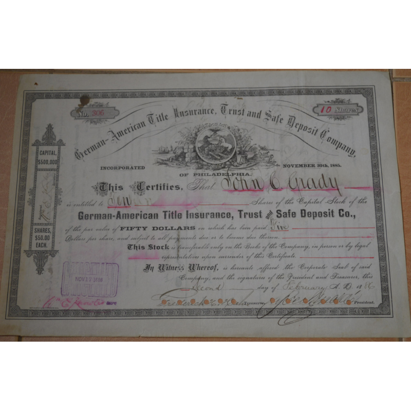 Акція. German American Title Insurange. США. 1886 рік №306 (1.12) Акція. German American Title Insurange. США. 1886 рік №306 (1.12)