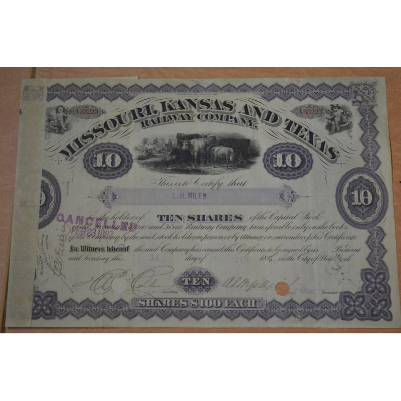 Акція. .Missouri Kasas and Texas Railway Company. США. 1886 рік №33223 (1.13) Акція. .Missouri Kasas and Texas Railway Company. США. 1886 рік №33223 (1.13)