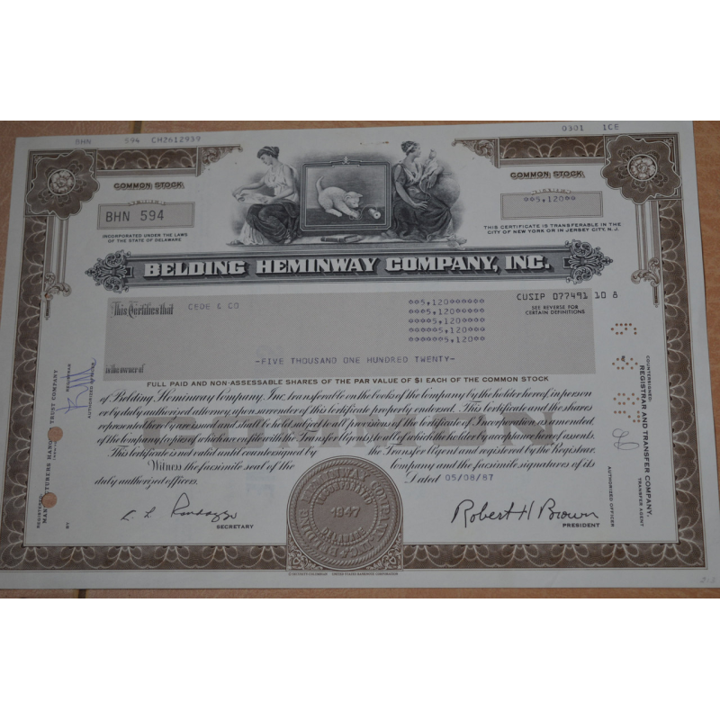 Акція.Belding heminway Company. США. 1987 рік №594(1.27) Акція.Belding heminway Company. США. 1987 рік №594(1.27)