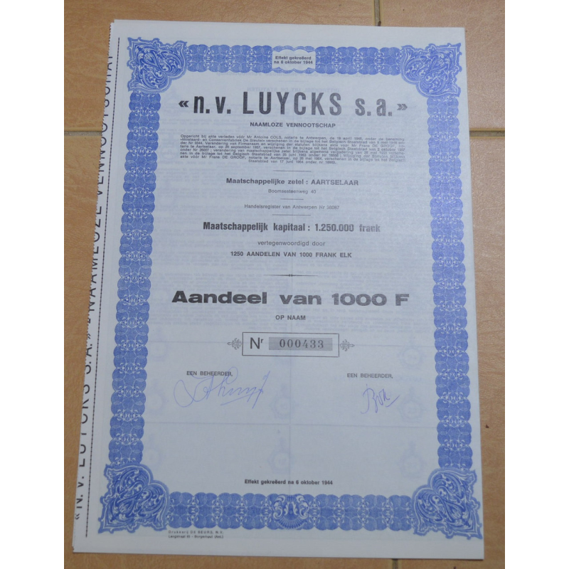 Акція.n.v. LUYCKS s.a. Бельгія. 1944 рік №000433 (1.38) Акція.n.v. LUYCKS s.a. Бельгія. 1944 рік №000433 (1.38)