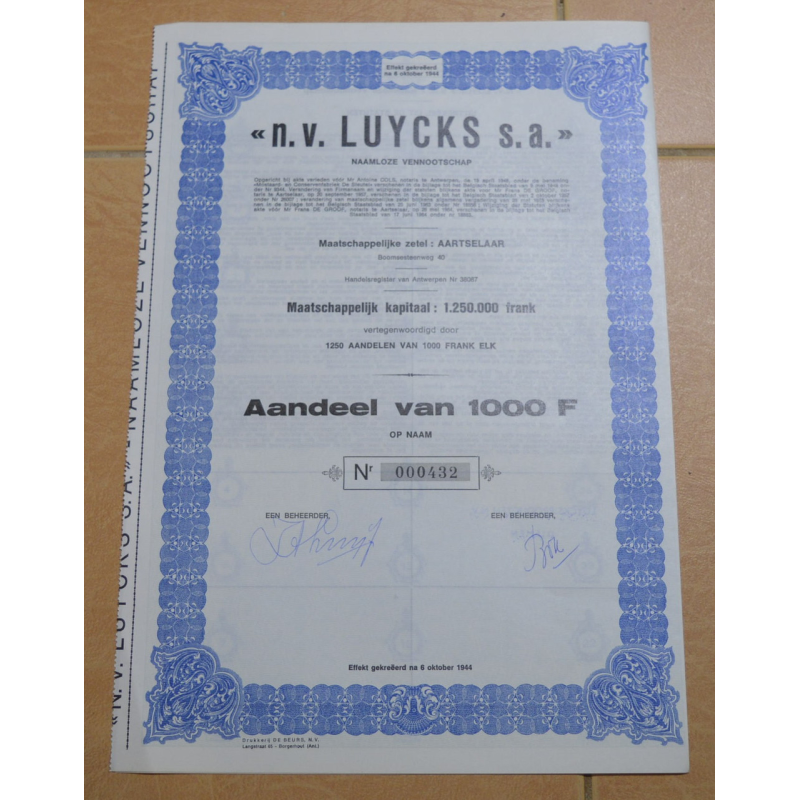 Акція.n.v. LUYCKS s.a. Бельгія. 1944 рік №000432 (1.39) Акція.n.v. LUYCKS s.a. Бельгія. 1944 рік №000432 (1.39)