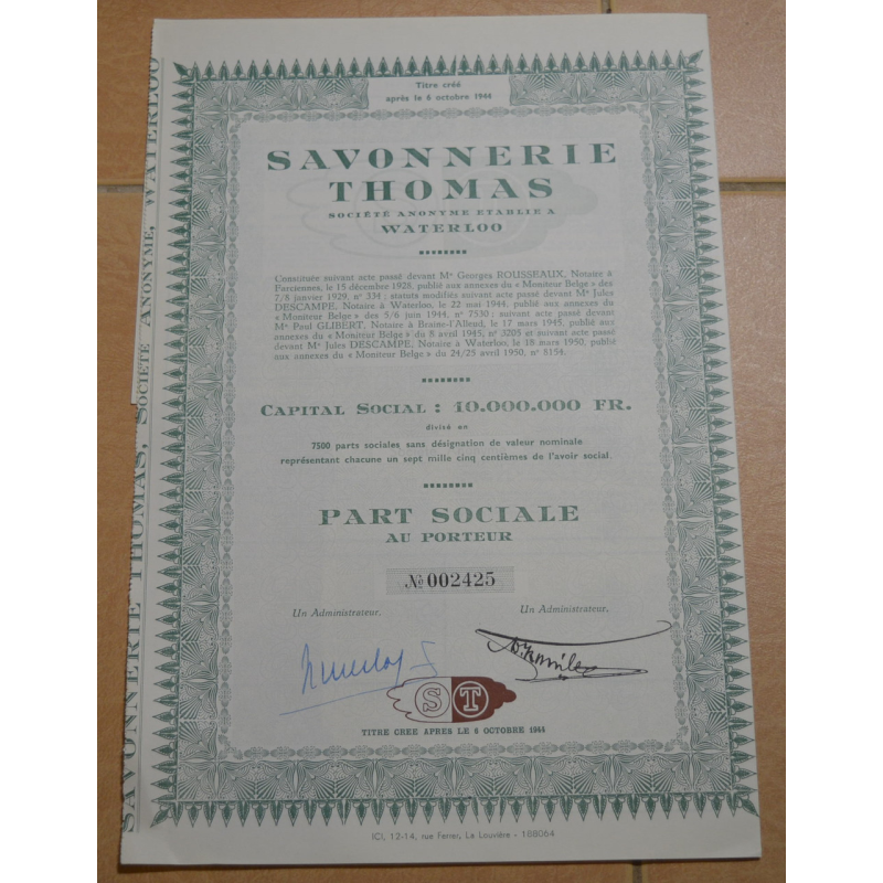 Акція. SAVONNERIE THOMAS. Бельгія. 1944 рік №002425 (1.41)