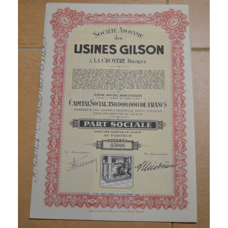 Акція. USINES GILSON. Бельгія. 1944 рік №35006 (1.52) Акція. USINES GILSON. Бельгія. 1944 рік №35006 (1.52)