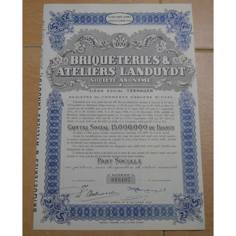 Акція. Briqueteries Ateliers Landuydt. Бельгія. 1944 рік №018107 (1.51) Акція. Briqueteries Ateliers Landuydt. Бельгія. 1944 рік №018107 (1.51)