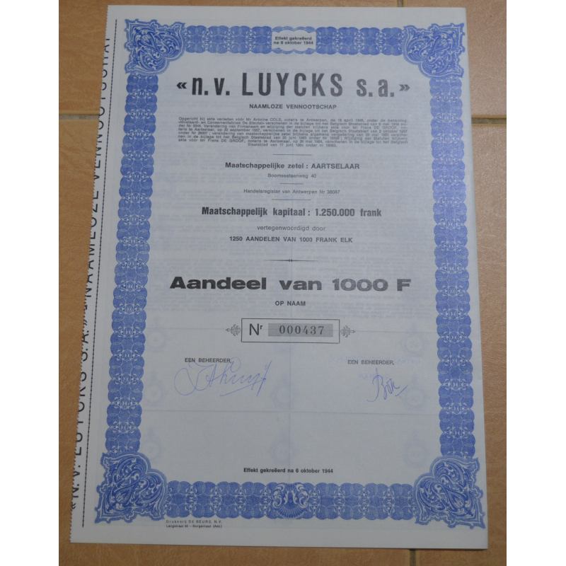 Акція.n.v. LUYCKS s.a. Бельгія. 1944 рік №000437 (1.54) Акція.n.v. LUYCKS s.a. Бельгія. 1944 рік №000437 (1.54)