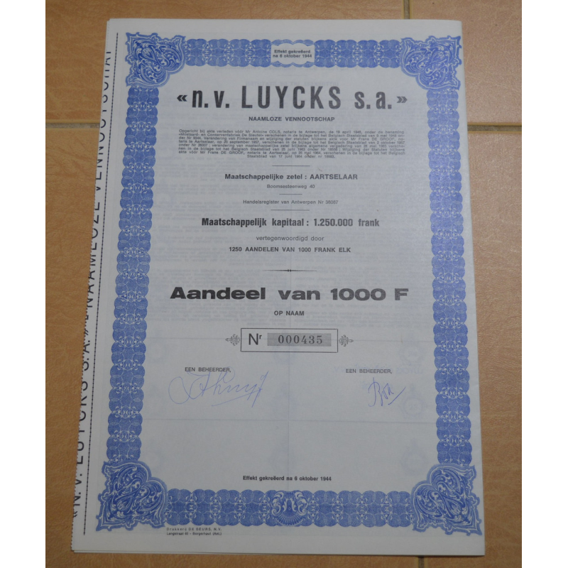 Акція.n.v. LUYCKS s.a. Бельгія. 1944 рік №000435 (1.55) Акція.n.v. LUYCKS s.a. Бельгія. 1944 рік №000435 (1.55)