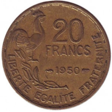 Монета 20 франків. 1950-52 рік, Франція. “Georges Guiraud“, 3 пера.