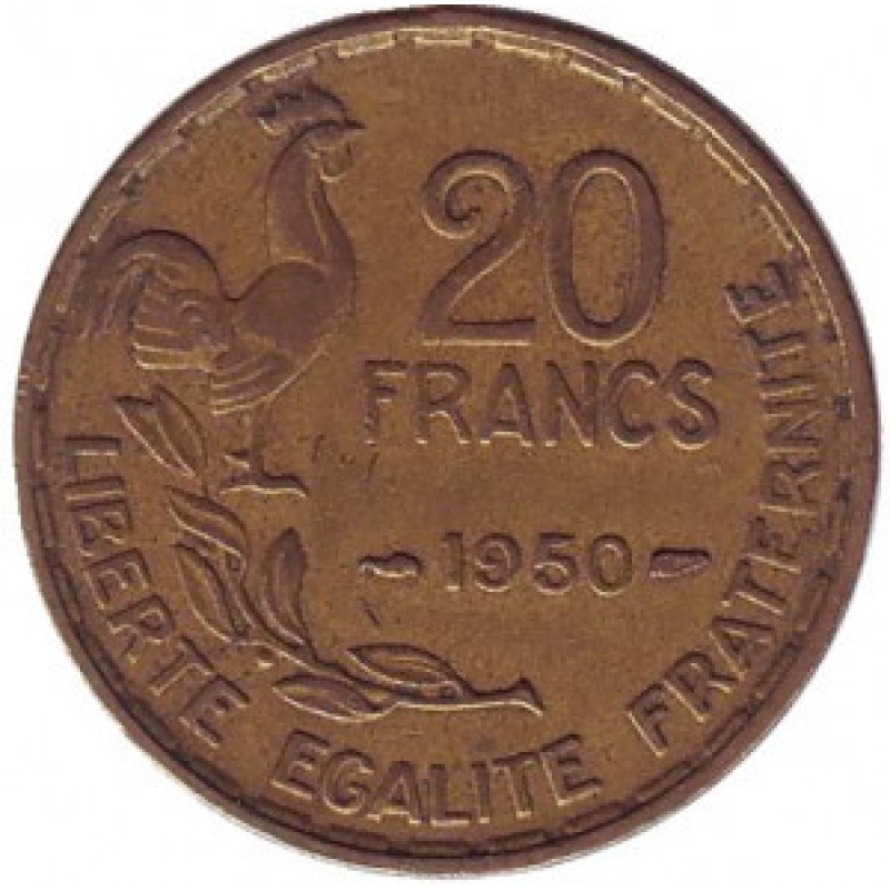 Монета 20 франків. 1950-52 рік, Франція. “Georges Guiraud“, 3 пера. Монета 20 франків. 1950-52 рік, Франція. “Georges Guiraud“, 3 пера.
