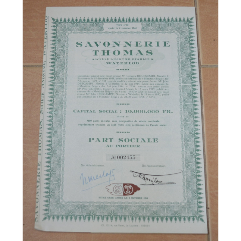 Акція. SAVONNERIE THOMAS . 1944 рік №002455 (1.67) Акція. SAVONNERIE THOMAS . 1944 рік №002455 (1.67)