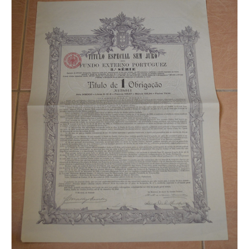 Акція. TITULO ESPECIAL SEM JURO. Португалія. 1902 рік №129 (1.76) Акція. TITULO ESPECIAL SEM JURO. Португалія. 1902 рік №129 (1.76)